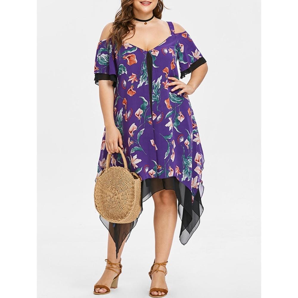Plus Size Purple Cold Shoulder Floral Print Dress